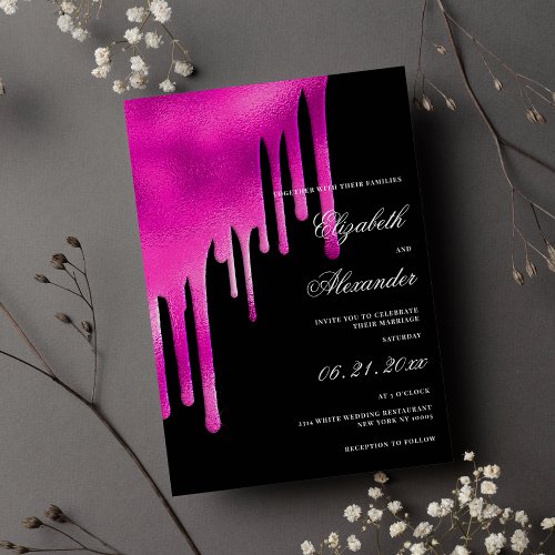 Hot pink black watercolor gradient drips wedding invitation