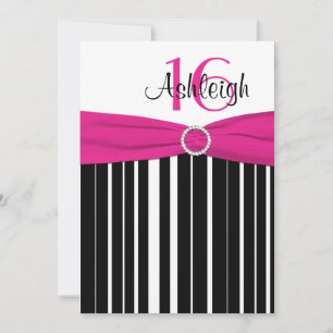 Hot Pink, Black, White 16th Birthday Invitation