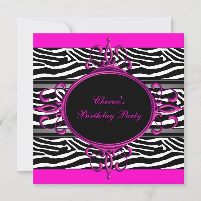 Hot Pink Black White Birthday Party Zebra Animal Invitation (Front)