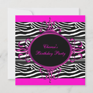 Hot Pink Black White Birthday Party Zebra Animal Invitation