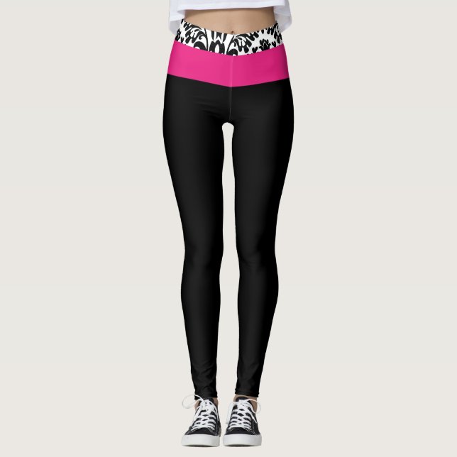 Hot Pink Black & White Damask Chic Gym Lounge Leggings (Front)