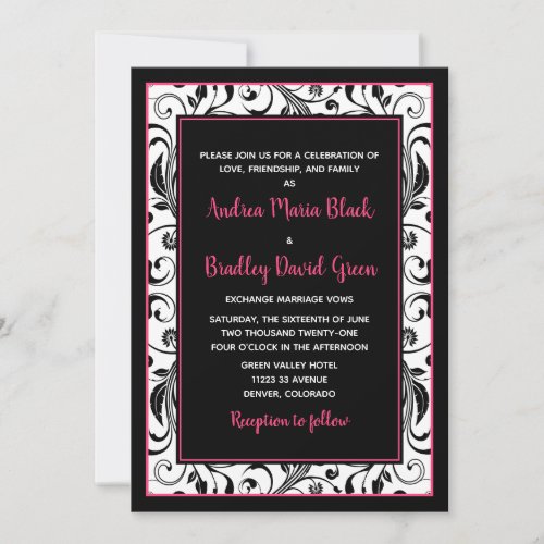 Hot Pink, Black, &amp; White Floral Wedding Invitation