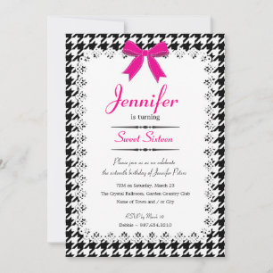Hot Pink & Black White Houndstooth Sweet 16 Invitation