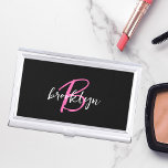 Hot Pink Black White Monogram Business Card Case<br><div class="desc">This elegant modern business card case features a monogram and first name in modern hot pink and white script on a black background.</div>