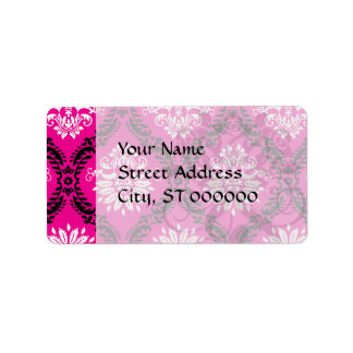 hot pink black white ornate damask label