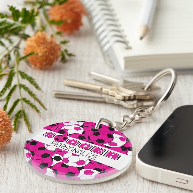 Hot Pink, Black & White Personalize Soccer Ball   Keychain (Front Right)