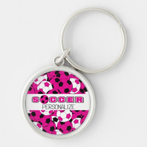 Hot Pink Black  White Personalize Soccer Ball Keychain