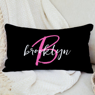 Hot Pink Black White Script Monogram  Lumbar Pillow