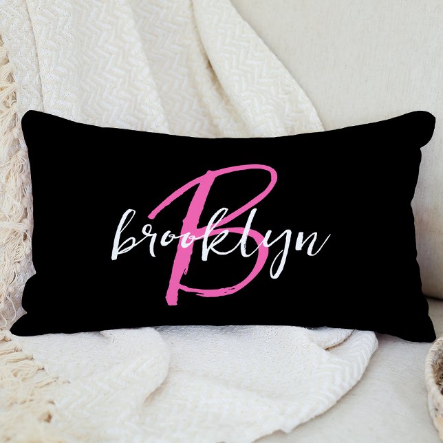 Hot Pink Black White Script Monogram  Lumbar Pillow (Creator Uploaded)