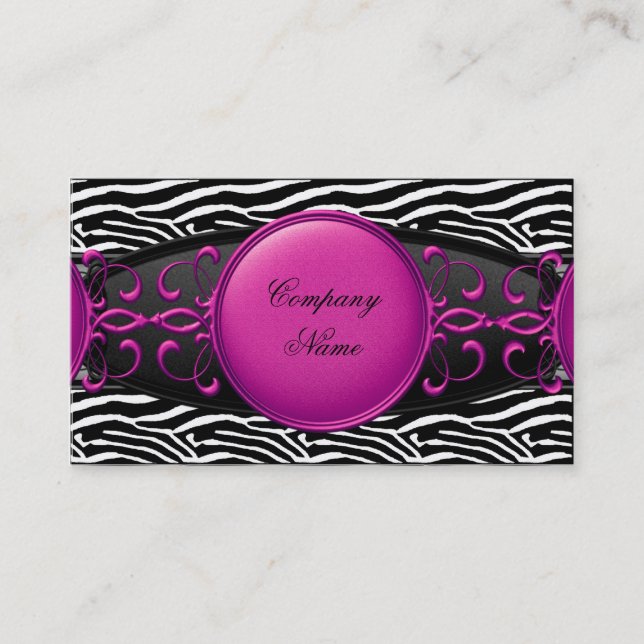 Hot Pink Black White Silver Elegant Zebra Stripe Business Card (Front)