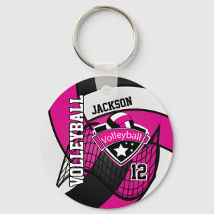 Hot Pink, Black & White Volleyball 🏐 Design Keychain