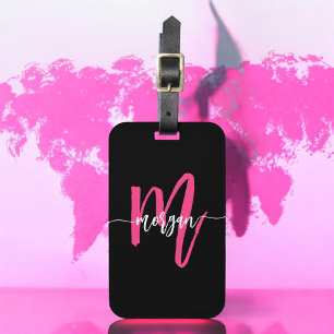 Hot Pink Black World Traveler Monogram Name Luggage Tag