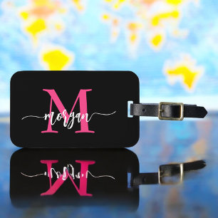 Hot Pink Black World Traveler Monogram Name Luggage Tag