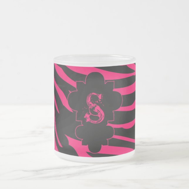Hot Pink Black Zebra Frosted Glass Coffee Mug Cup (Center)