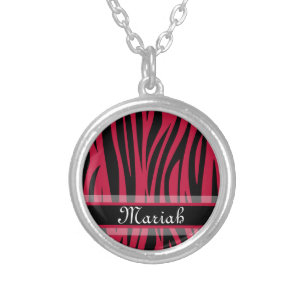 Hot Pink Black Zebra Print Custom Name Silver Plated Necklace