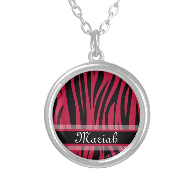 Hot Pink Black Zebra Print Custom Name Silver Plated Necklace (Front)