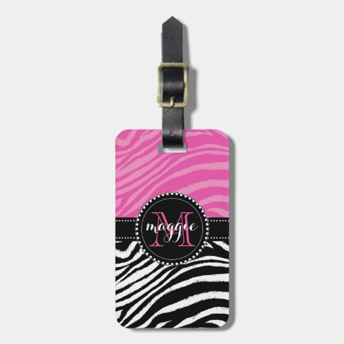 Hot Pink  Black Zebra Print Monogram girly2 Luggage Tag