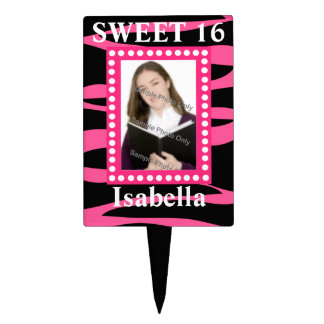 Hot Pink Black Zebra Sweet Sixteen Birthday Photo Cake Topper