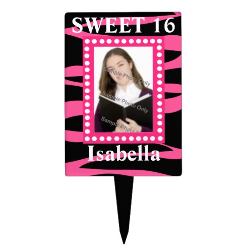 Hot Pink  Black Zebra Sweet Sixteen Birthday Photo Cake Topper