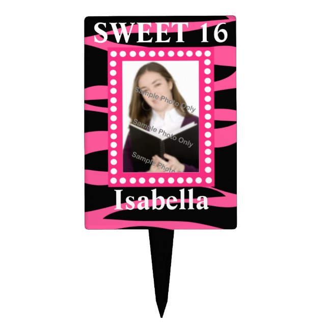 Hot Pink  Black Zebra Sweet Sixteen Birthday Photo Cake Topper (Front)