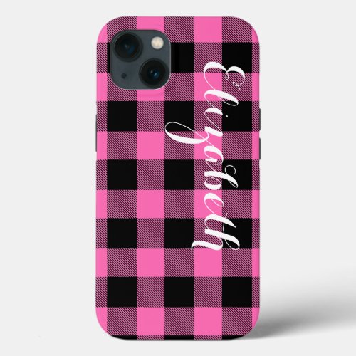 Hot Pink Blk Buffalo Check Plaid Name Monogram NL iPhone 13 Case