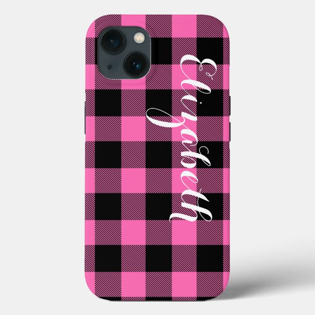 Hot Pink Blk Buffalo Check Plaid Name Monogram NL Case-Mate iPhone Case (Back)
