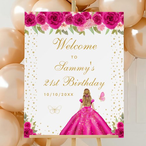 Hot Pink Blonde Hair Girl Birthday Party Welcome Foam Board