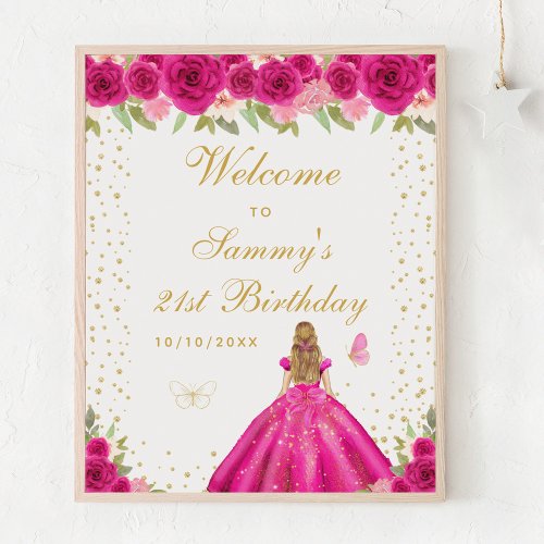 Hot Pink Blonde Hair Girl Birthday Party Welcome Poster