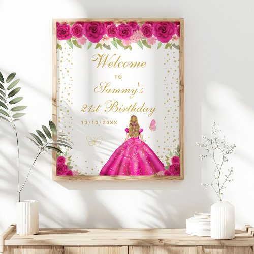 Hot Pink Blonde Hair Girl Birthday Party Welcome Poster