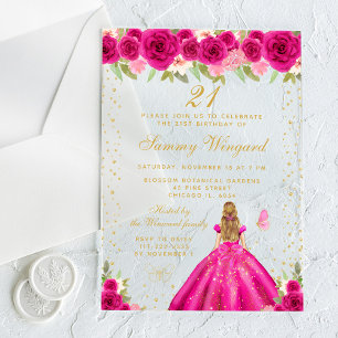 Hot Pink Blonde Hair Princess Birthday Party Acrylic Invitations