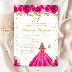 Hot Pink Blonde Hair Princess Birthday Party Invitation