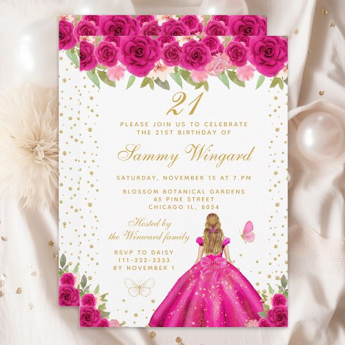 Hot Pink Blonde Hair Princess Birthday Party Invitation