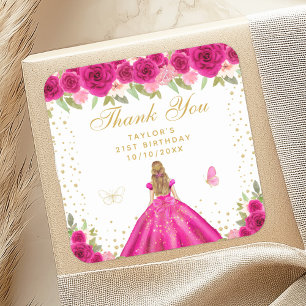 Hot Pink Blonde Hair Princess Birthday Party Square Sticker