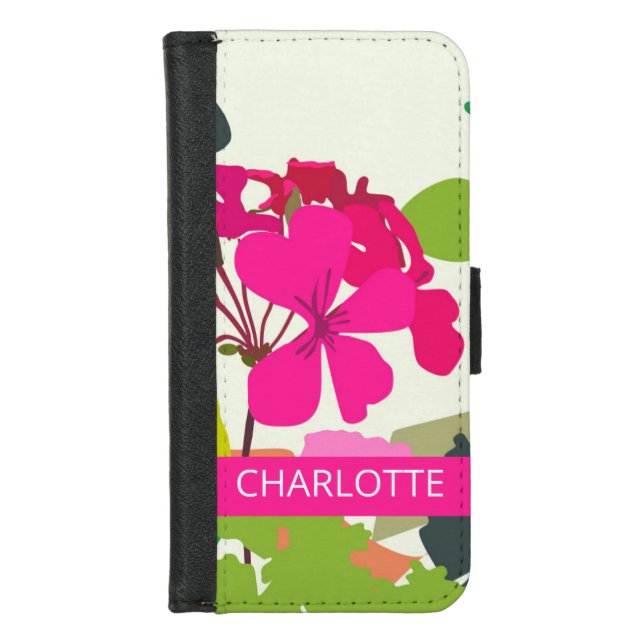  Hot Pink Blooming Geraniums Florist Custom Name  iPhone Wallet Case (Front)