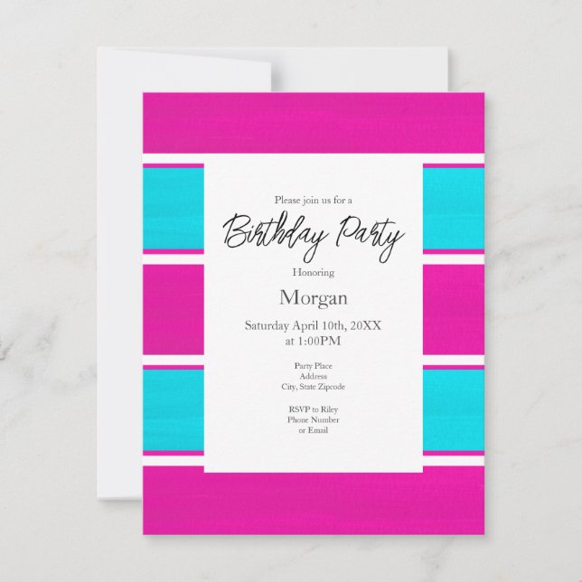 Hot Pink & Blue Cabana Stripes Invitation (Front)