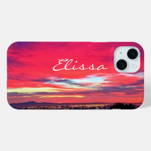 Hot Pink Blue California Sunset Script Name Modern iPhone 15 Plus Case