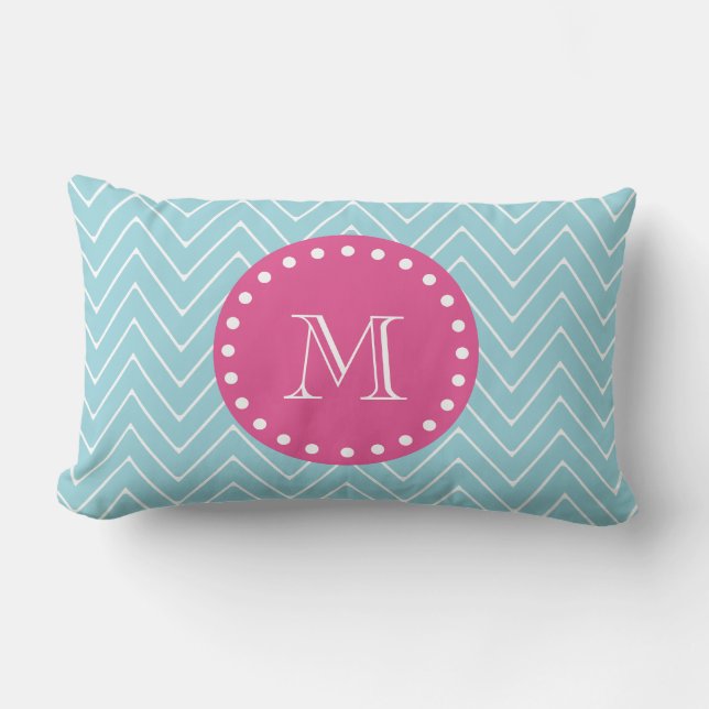 Hot Pink, Blue Chevron | Your Monogram Lumbar Pillow (Front)