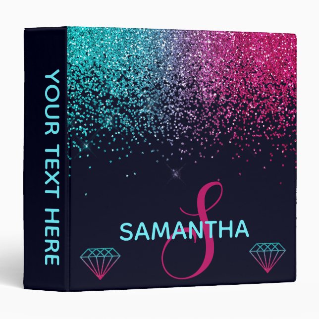 Hot Pink & Blue faux Glitter & Diamonds Monogram 3 Ring Binder (Front/Spine)