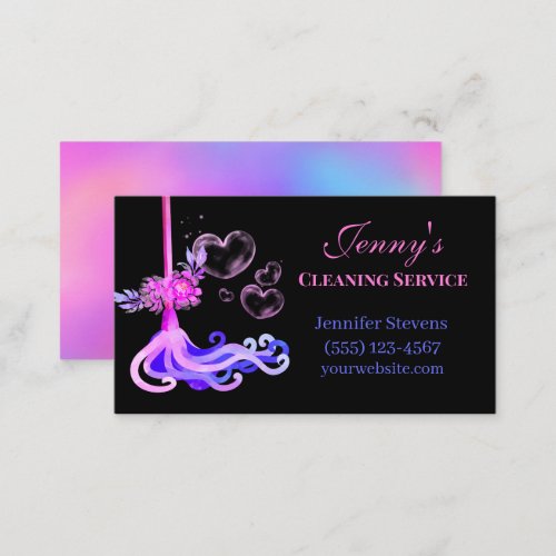 Hot Pink  Blue Floral Mop Cleaning Service Business Card