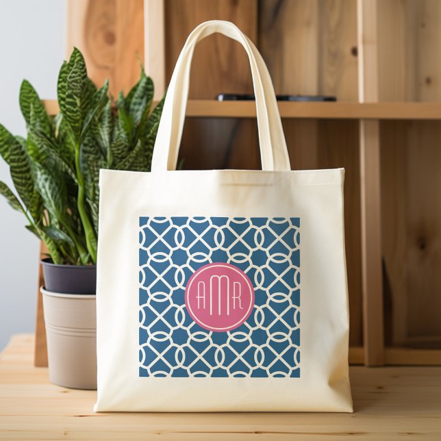 Hot Pink & Blue Geometric Pattern Monogram Tote Bag (Personalized tote bag with photos and custom text)