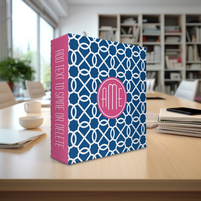 Hot Pink & Blue Geometric Pattern Monograms 3 Ring Binder (Personalized binder - add your monogram or other text)