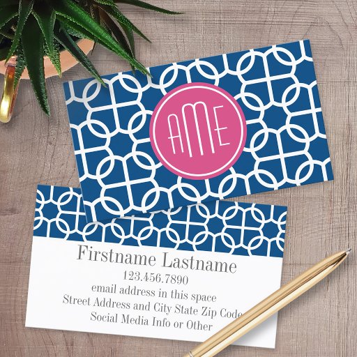 Customizable Hot Pink &amp; Blue Geometric Pattern Monograms Business Card