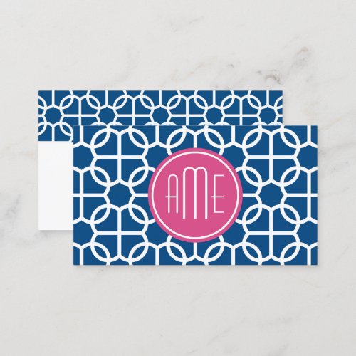 Hot Pink  Blue Geometric Pattern Monograms Business Card