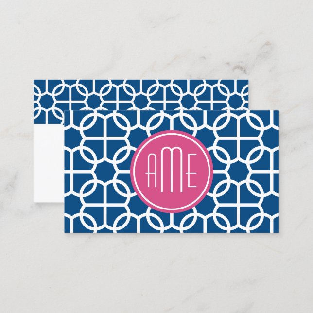 Hot Pink & Blue Geometric Pattern Monograms Business Card (Front/Back)