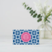 Hot Pink & Blue Geometric Pattern Monograms Business Card (Standing Front)