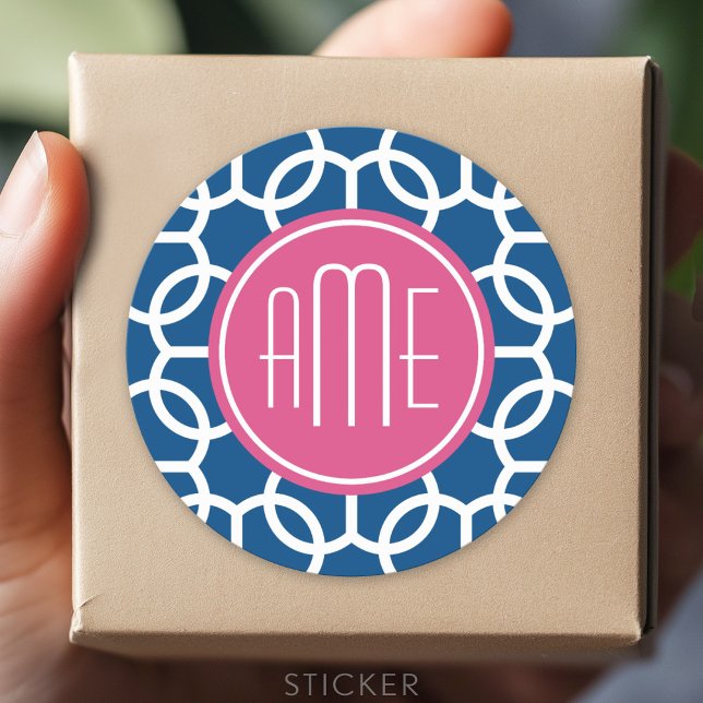 Hot Pink & Blue Geometric Pattern Monograms Classic Round Sticker (Custom Sticker for Party Favors and Envelopes)
