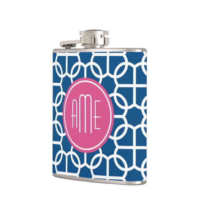 Hot Pink & Blue Geometric Pattern Monograms Hip Flask (Left)