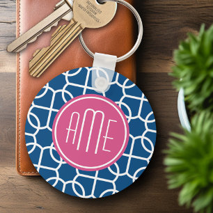 Hot Pink & Blue Geometric Pattern Monograms Keychain