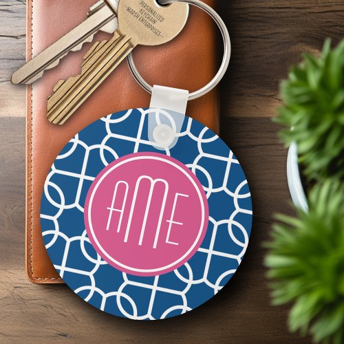 Hot Pink  Blue Geometric Pattern Monograms Keychain