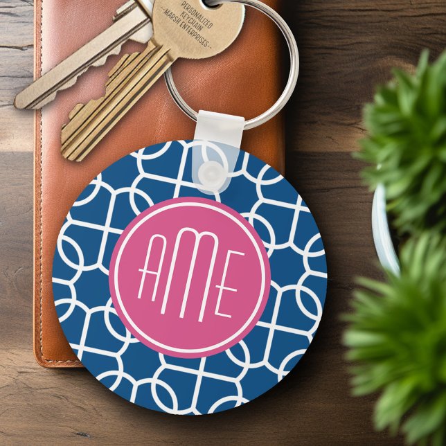 Hot Pink & Blue Geometric Pattern Monograms Keychain (Personalized Keychain - Add Name or Monogram)